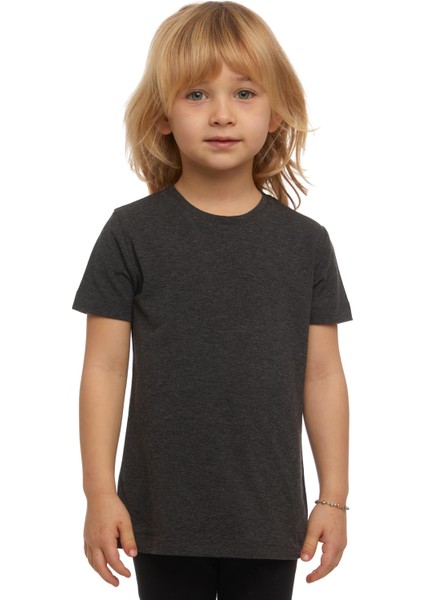 Antrasit Basic Unisex Çocuk Sıfır Yaka Kısa Kollu Tişört