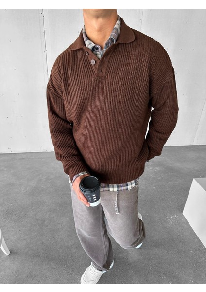 Erkek Rahat Kalıp Düğmeli Polo Yaka Kazak Kahverengi fiyatları