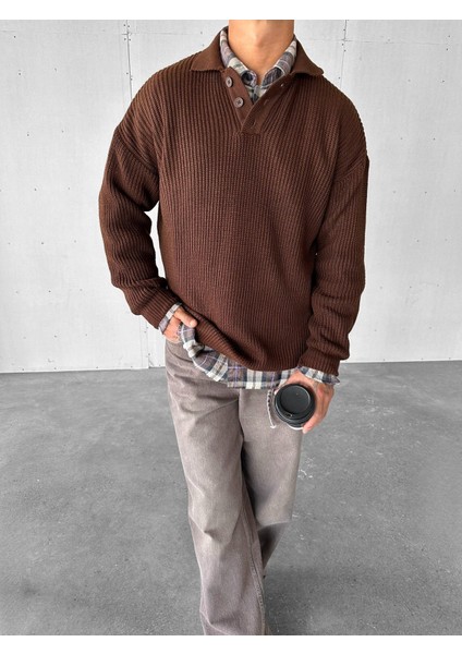 Erkek Rahat Kalıp Düğmeli Polo Yaka Kazak Kahverengi modelleri
