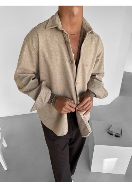 Erkek Oversize Basic Uzun Kollu Kaşe Gömlek Bej