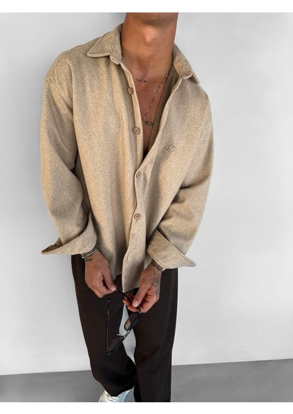 Erkek Oversize Basic Uzun Kollu Kaşe Gömlek Bej