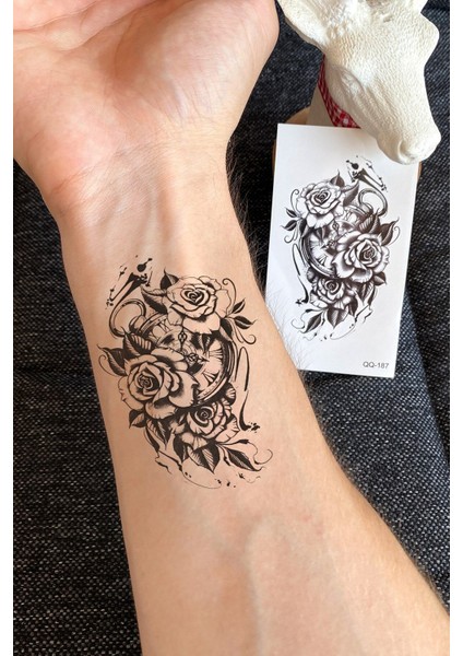 Saat ve Gül Geçici Dövme Tattoo Şık Aksesuar
