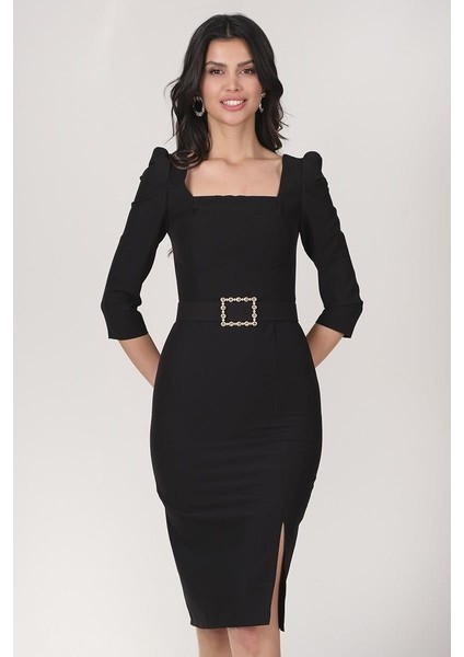 Matchel U Yaka Yırtmaçlı Taşlı Kemerli Elbise SİYAH