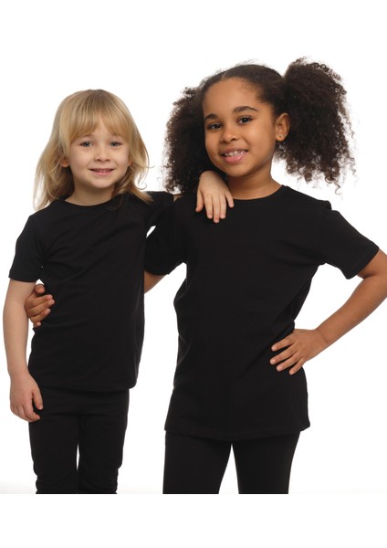 Siyah Basic Unisex Çocuk Sıfır Yaka Kısa Kollu Tişört