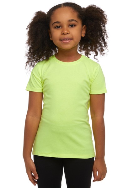 Neon Sarı Basic Unisex Çocuk Sıfır Yaka Kısa Kollu Tişört