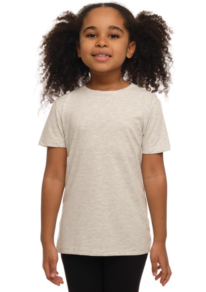Açık Bej Melanj Basic Unisex Çocuk Sıfır Yaka Kısa Kollu Tişört