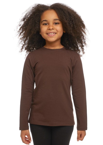 Kahverengi Basic Unisex Çocuk Mevsimlik Sıfır Yaka Uzun Kollu Tişört