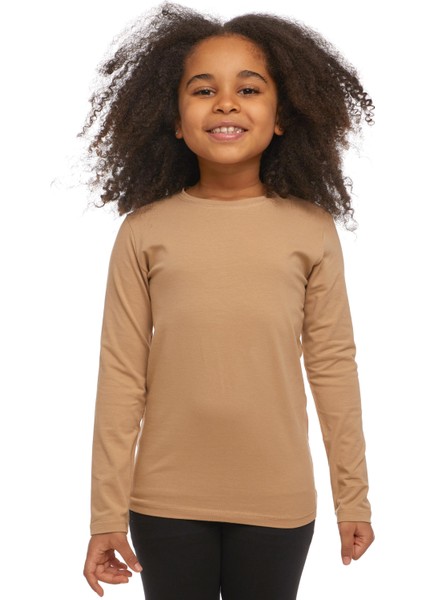 Sütlü Kahve Basic Unisex Çocuk Mevsimlik Sıfır Yaka Uzun Kollu Tişört