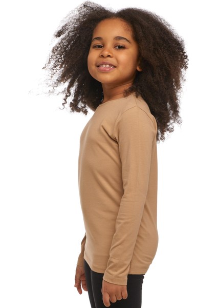 Sütlü Kahve Basic Unisex Çocuk Mevsimlik Sıfır Yaka Uzun Kollu Tişört fiyatları