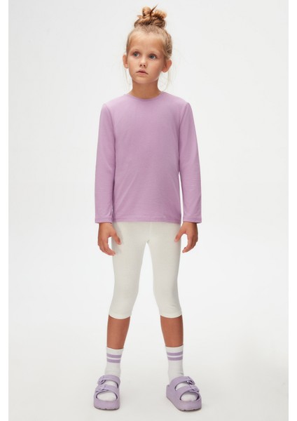 Lila Basic Unisex Çocuk Mevsimlik Sıfır Yaka Uzun Kollu Tişört