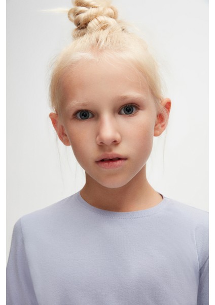 Açık Lila Basic Unisex Çocuk Mevsimlik Sıfır Yaka Uzun Kollu Tişört modelleri