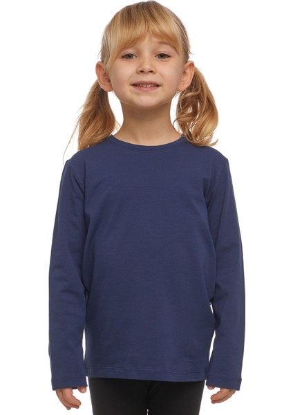 Açık Lacivert Basic Unisex Çocuk Mevsimlik Sıfır Yaka Uzun Kollu Tişört