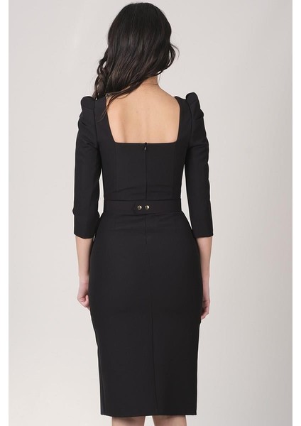 Matchel U Yaka Yırtmaçlı Taşlı Kemerli Elbise SİYAH modelleri