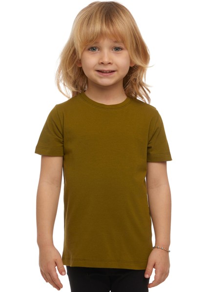 Zeytin Yeşili Basic Unisex Çocuk Sıfır Yaka Kısa Kollu Tişört