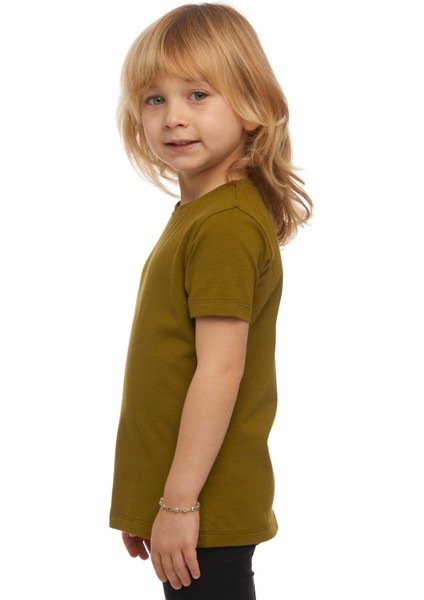 Zeytin Yeşili Basic Unisex Çocuk Sıfır Yaka Kısa Kollu Tişört fiyatları