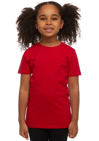 Açık Kırmızı Basic Unisex Çocuk Sıfır Yaka Kısa Kollu Tişört