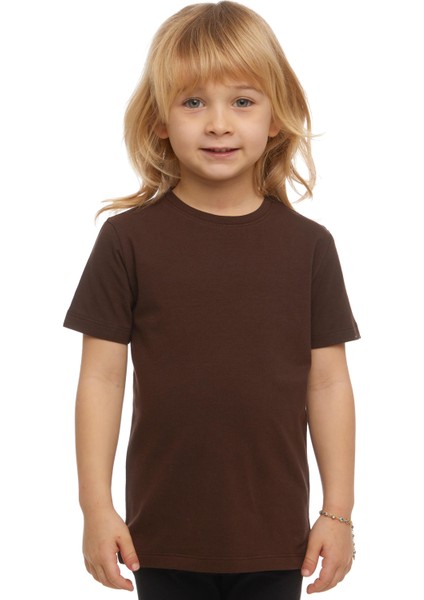 Kahverengi Basic Unisex Çocuk Sıfır Yaka Kısa Kollu Tişört