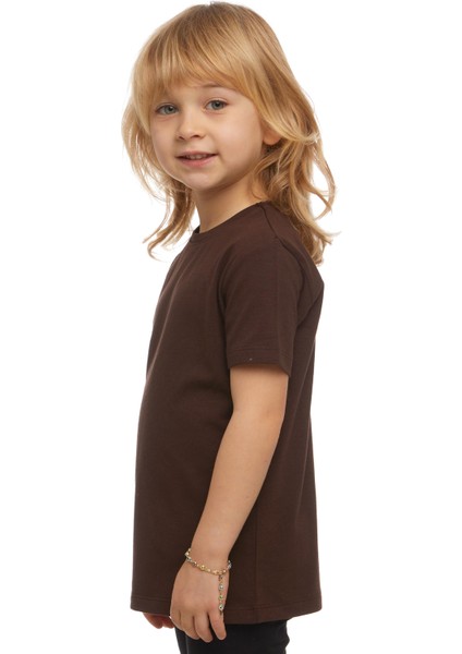 Kahverengi Basic Unisex Çocuk Sıfır Yaka Kısa Kollu Tişört fiyatları