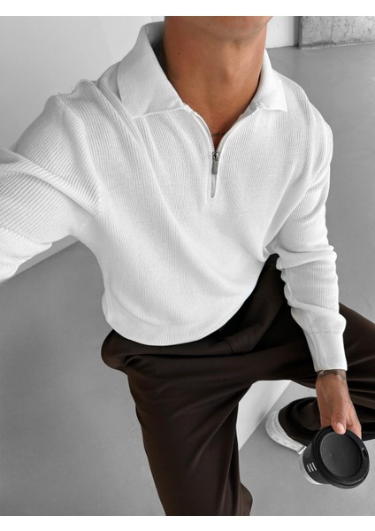 Erkek Regular Fit Yarım Fermuarlı Triko Kazak Ekru