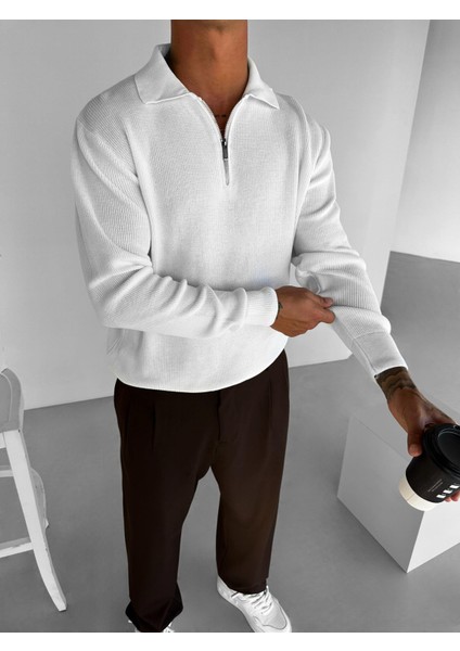 Erkek Regular Fit Yarım Fermuarlı Triko Kazak Ekru fiyatları