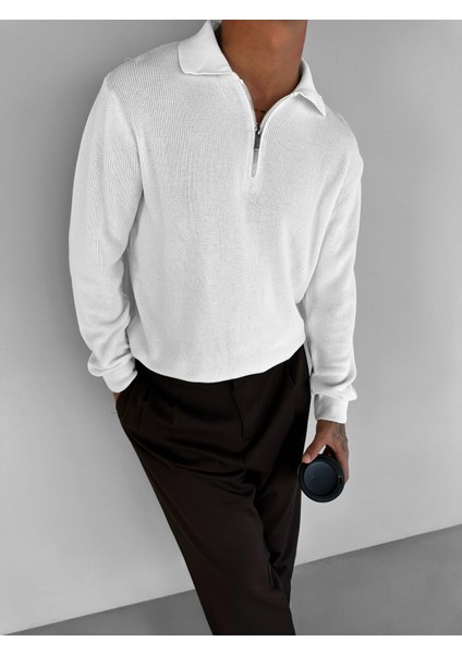 Erkek Regular Fit Yarım Fermuarlı Triko Kazak Ekru modelleri