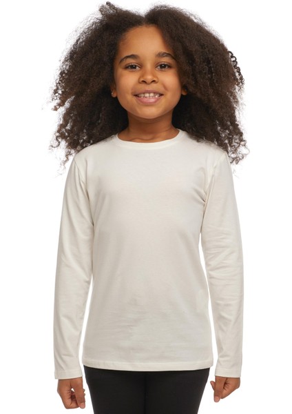 Ekru Basic Unisex Çocuk Mevsimlik Sıfır Yaka Uzun Kollu Tişört