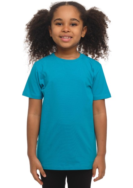 Koyu Turkuaz Basic Unisex Çocuk Sıfır Yaka Kısa Kollu Tişört