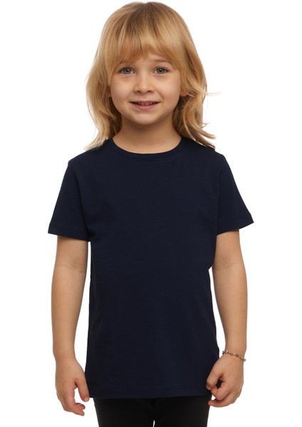 Koyu Lacivert Basic Unisex Çocuk Sıfır Yaka Kısa Kollu Tişört