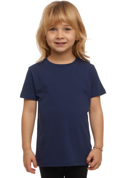 Açık Lacivert Basic Unisex Çocuk Sıfır Yaka Kısa Kollu Tişört