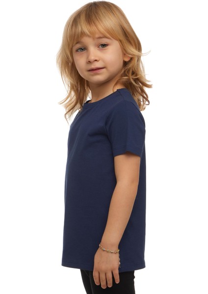 Açık Lacivert Basic Unisex Çocuk Sıfır Yaka Kısa Kollu Tişört fiyatları