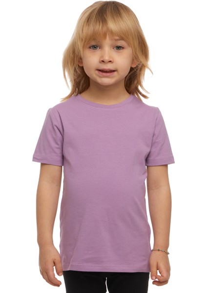 Lila Basic Unisex Çocuk Sıfır Yaka Kısa Kollu Tişört