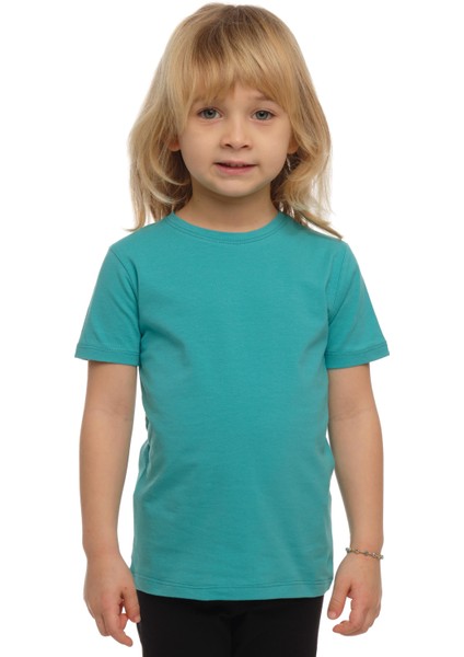 Açık Petrol Basic Unisex Çocuk Sıfır Yaka Kısa Kollu Tişört