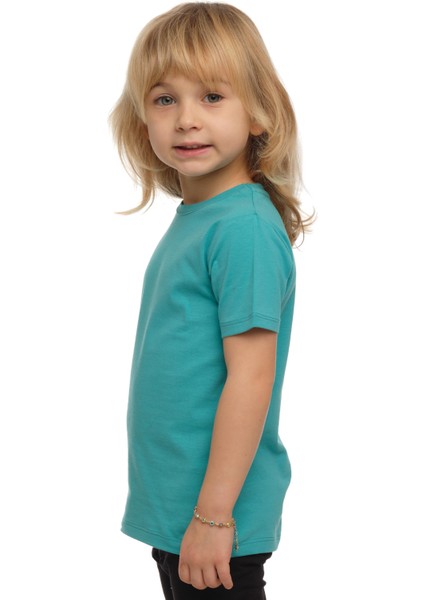 Açık Petrol Basic Unisex Çocuk Sıfır Yaka Kısa Kollu Tişört fiyatları