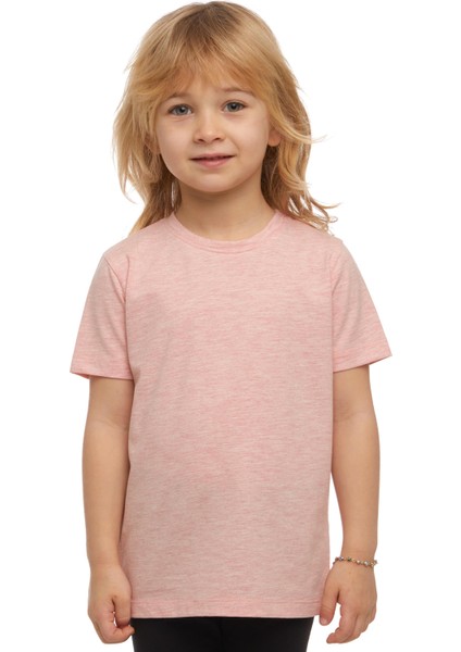 Koyu Pembe Melanj Basic Unisex Çocuk Sıfır Yaka Kısa Kollu Tişört