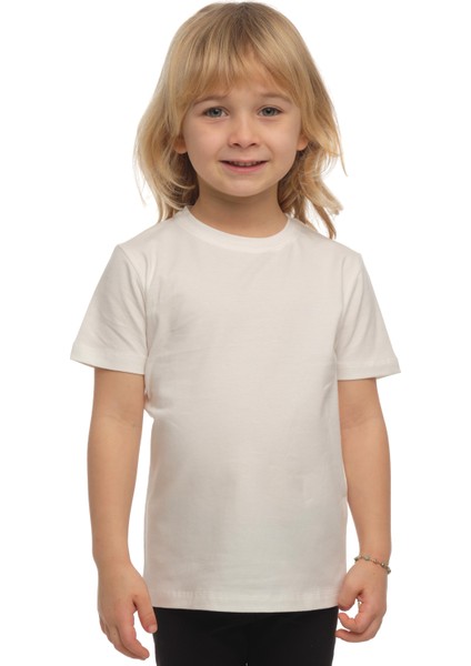 Ekru Basic Unisex Çocuk Sıfır Yaka Kısa Kollu Tişört