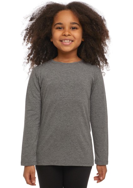 Koyu Gri Basic Unisex Çocuk Mevsimlik Sıfır Yaka Uzun Kollu Tişört