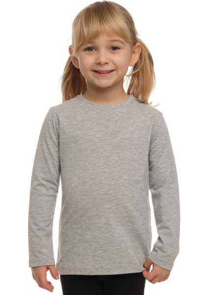 Açık Gri Basic Unisex Çocuk Mevsimlik Sıfır Yaka Uzun Kollu Tişört