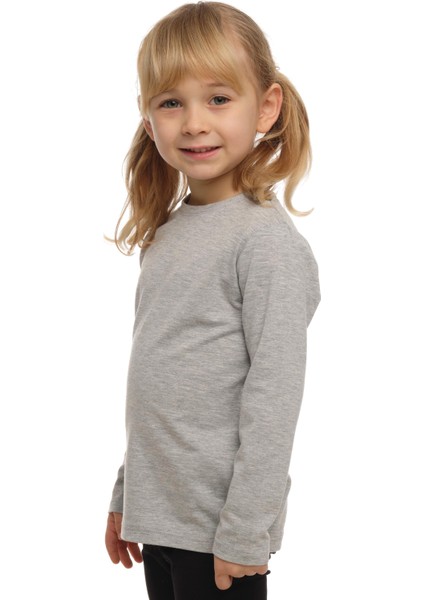 Açık Gri Basic Unisex Çocuk Mevsimlik Sıfır Yaka Uzun Kollu Tişört fiyatları