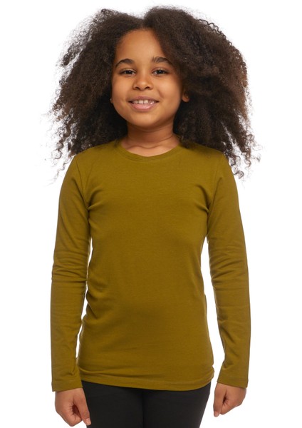 Zeytin Yeşili Basic Unisex Çocuk Mevsimlik Sıfır Yaka Uzun Kollu Tişört