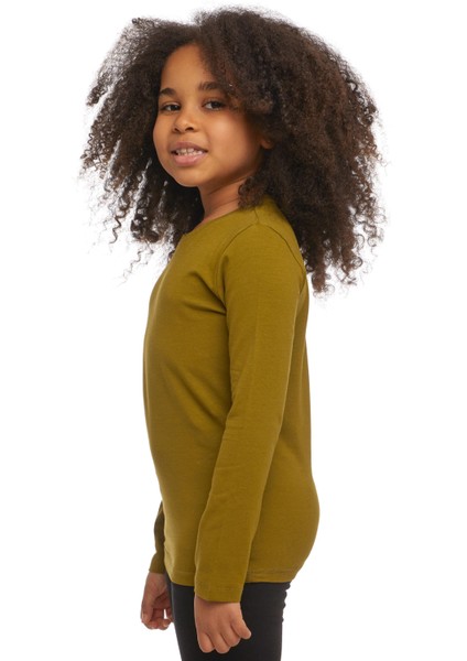 Zeytin Yeşili Basic Unisex Çocuk Mevsimlik Sıfır Yaka Uzun Kollu Tişört fiyatları