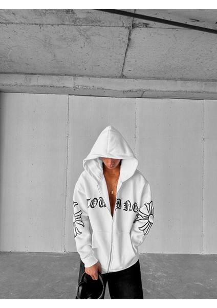 Erkek Oversize Baskılı Kanguru Cepli Fermuarlı Hoodie Beyaz