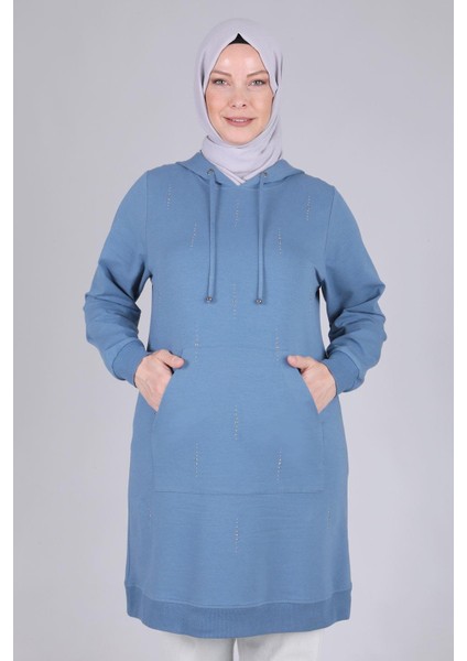 Ottoman Wear Büyük Beden Kapüşonlu Tunik Duman Mavi OTW2042