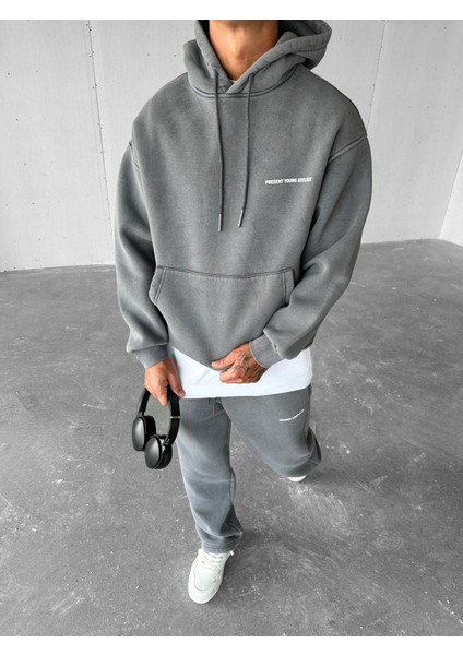 Erkek Oversize Basklı Yıkamalı Hoodie Gri