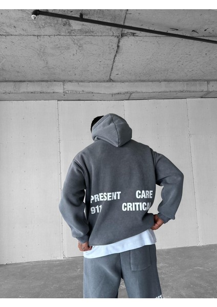 Erkek Oversize Basklı Yıkamalı Hoodie Gri
