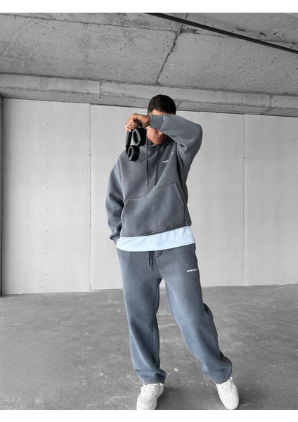 Erkek Oversize Basklı Yıkamalı Hoodie Gri
