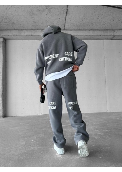 Erkek Oversize Basklı Yıkamalı Hoodie Gri