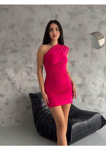 Sandy Kumaş Tek Omuzlu Drapeli Elbise