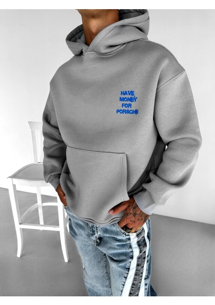 Erkek Oversize Baskılı Kapüşonlu Sweatshirt Gri
