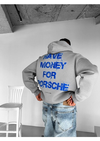 Erkek Oversize Baskılı Kapüşonlu Sweatshirt Gri