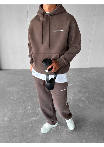 Erkek Oversize Basklı Yıkamalı Hoodie Kahverengi